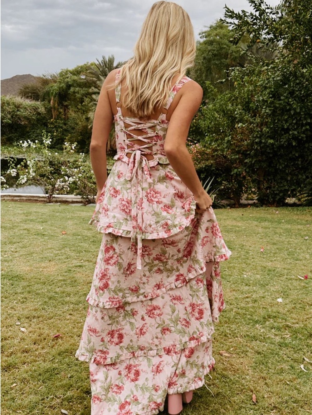 Show Me Your MuMu Pink Floral Tiered Lace-Up Back Wedding Dress